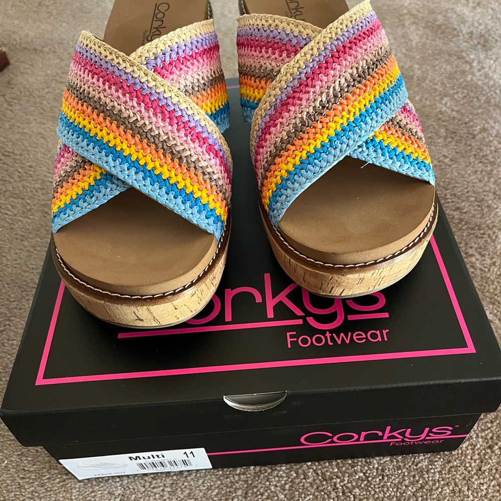 Brand New Corkys Peace Out Multi Wedges size 11